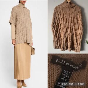 Eileen Fisher Peruvian Organic Cotton Alpaca Poncho CableKnit Turtleneck Sweater